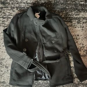 Jou Jou Womens Black Notch Lapel Casual Open Front Belted Peacoat Jacket